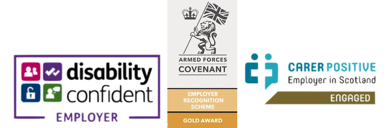 Disabilty Confident, Armed Forces Covenant, Carer Positive Logos