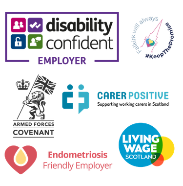 Selection of accreditation logos including: Disability Confident Employer, Keep the Promise, Armed Forces Covenant, Carer Positive, Endometriosis Friendly Employer, Living Wage Scotland